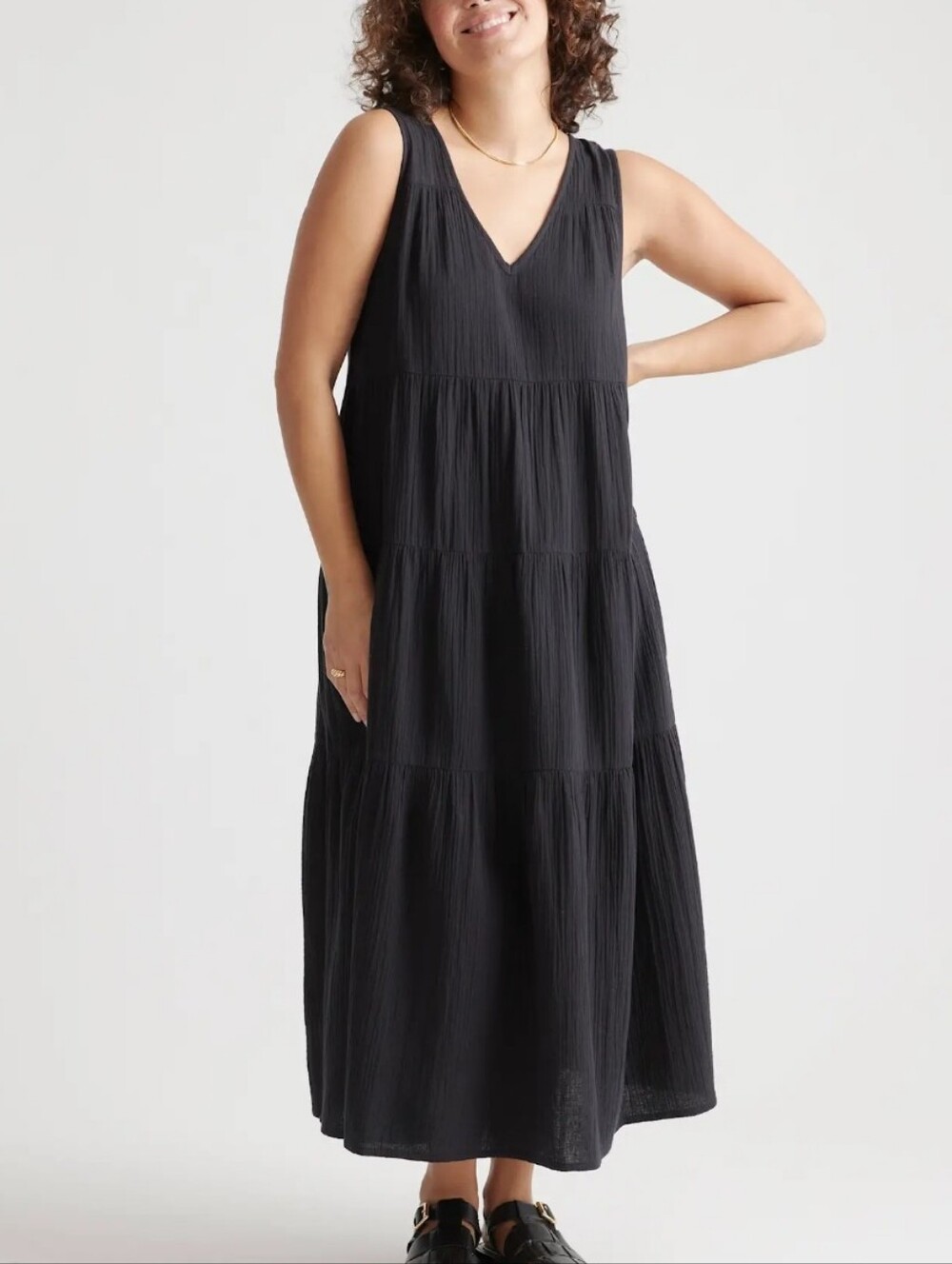 Quince Sleeveless V-Neck Tiered Maxi Dress in Black Organic Cotton